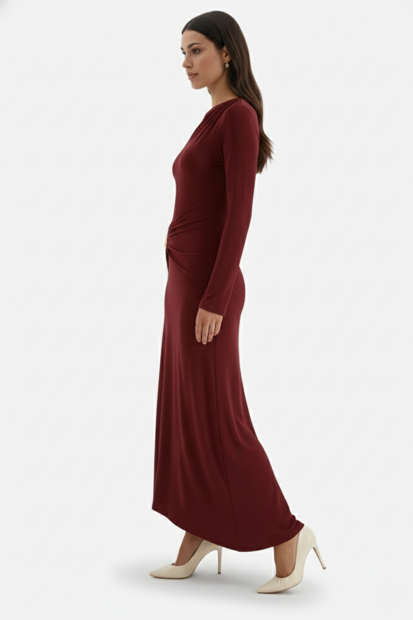 Evening Dress Ruched Waist Long Sleeve with Hardware Detail - Siopie