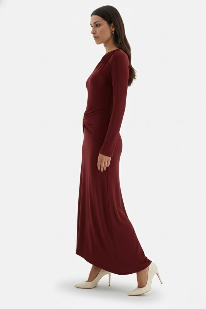 Evening Dress Ruched Waist Long Sleeve with Hardware Detail - Siopie