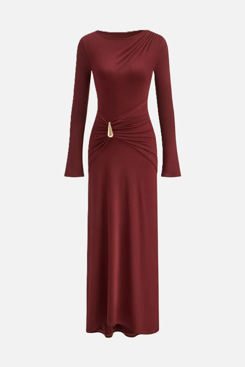 Evening Dress Ruched Waist Long Sleeve with Hardware Detail - Siopie