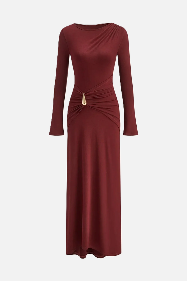 Evening Dress Ruched Waist Long Sleeve with Hardware Detail - Siopie