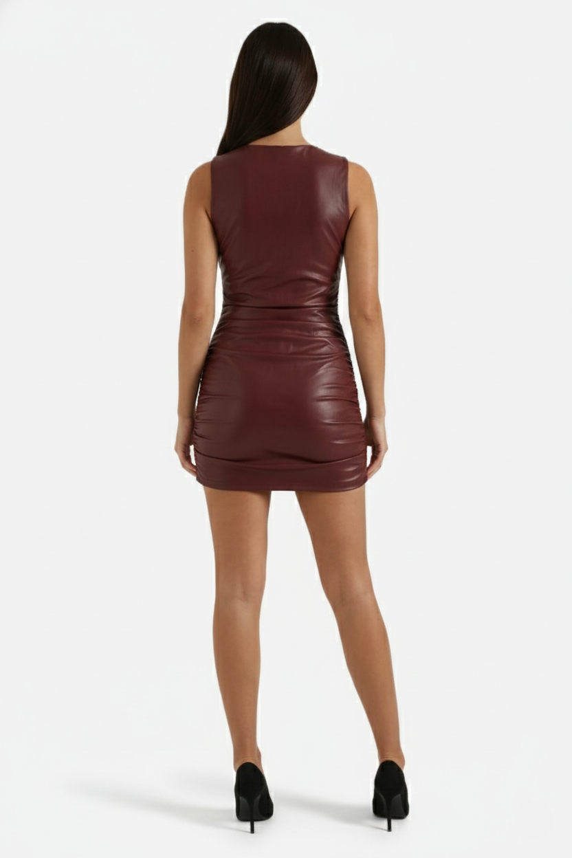 Faux Leather Sleeveless Ruched Mini Dress - Siopie