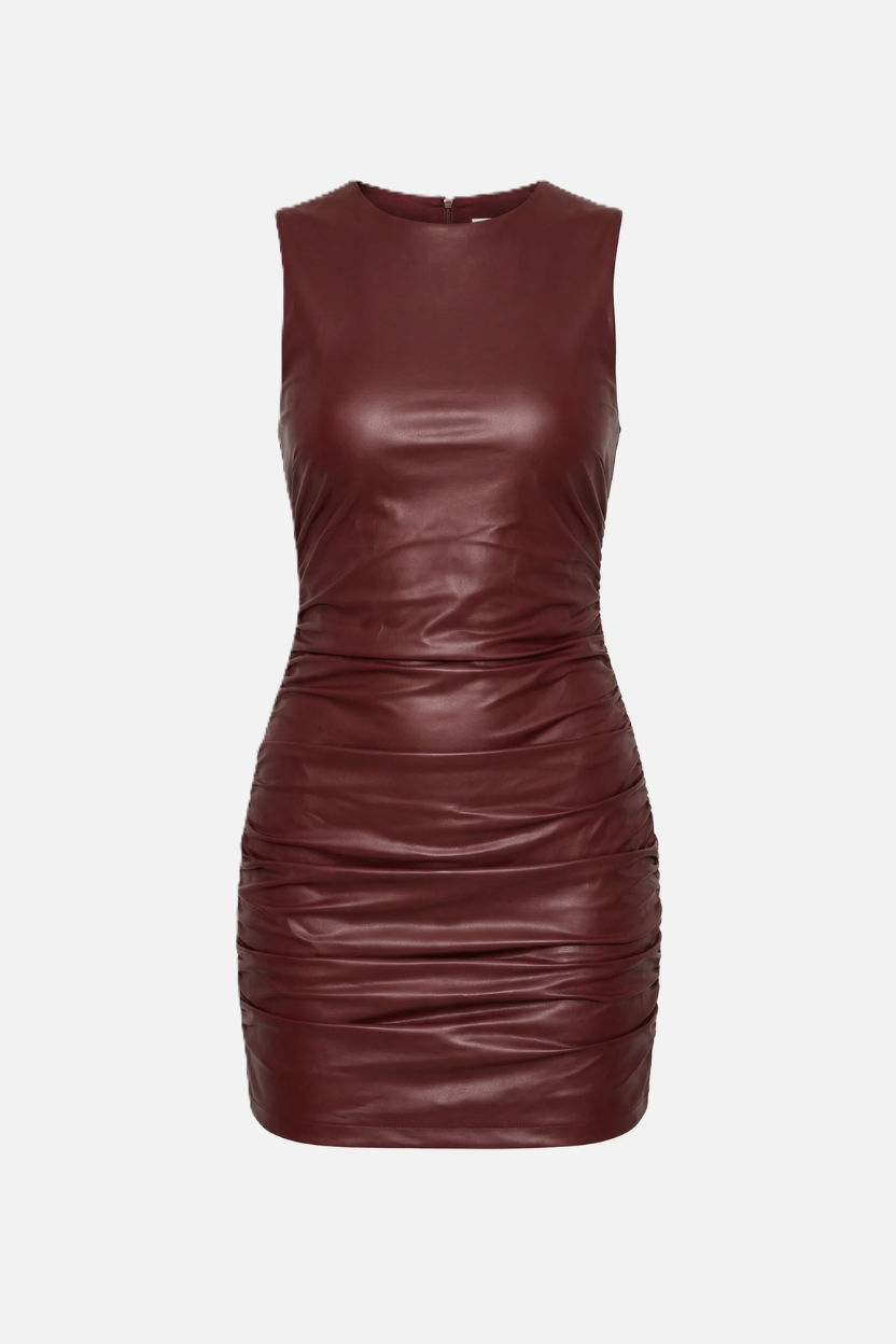 Faux Leather Sleeveless Ruched Mini Dress - Siopie