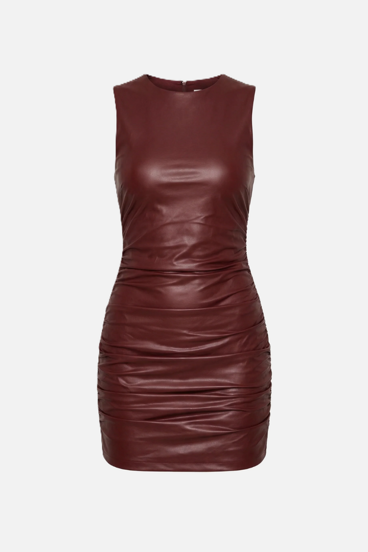 Faux Leather Sleeveless Ruched Mini Dress - Siopie