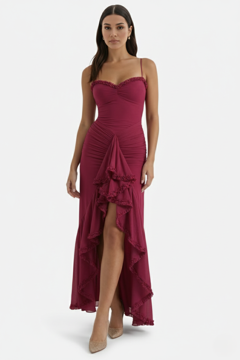 Evening Gown Ruched Mesh Ruffle Assymetrical Hem - Siopie