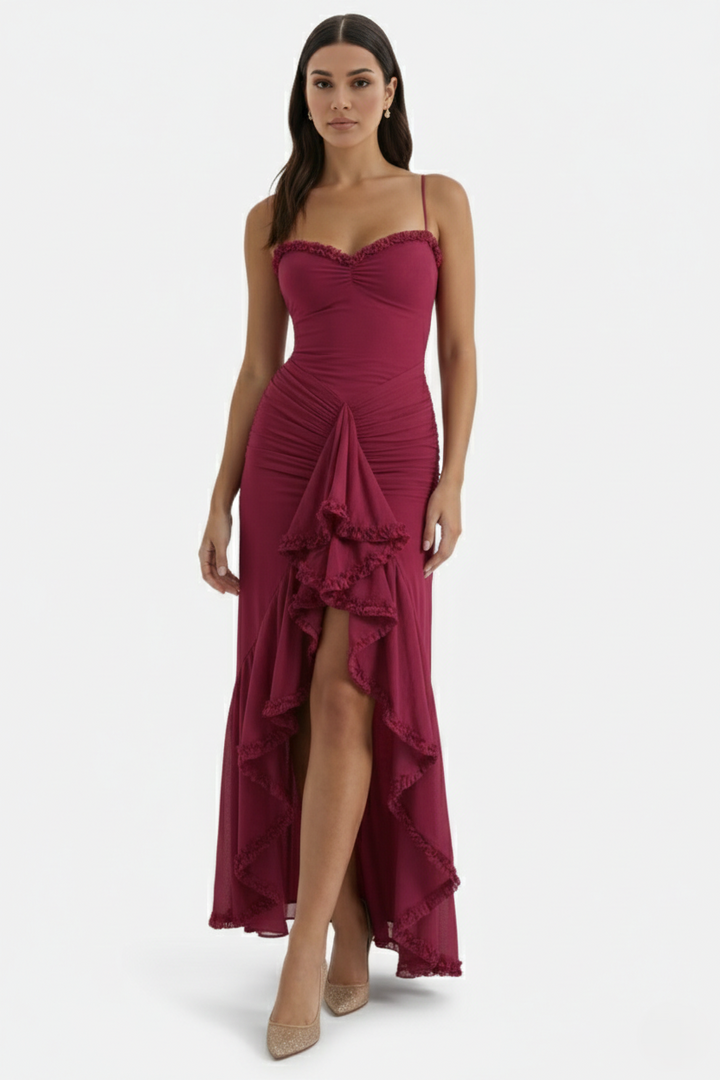 Evening Gown Ruched Mesh Ruffle Assymetrical Hem - Siopie
