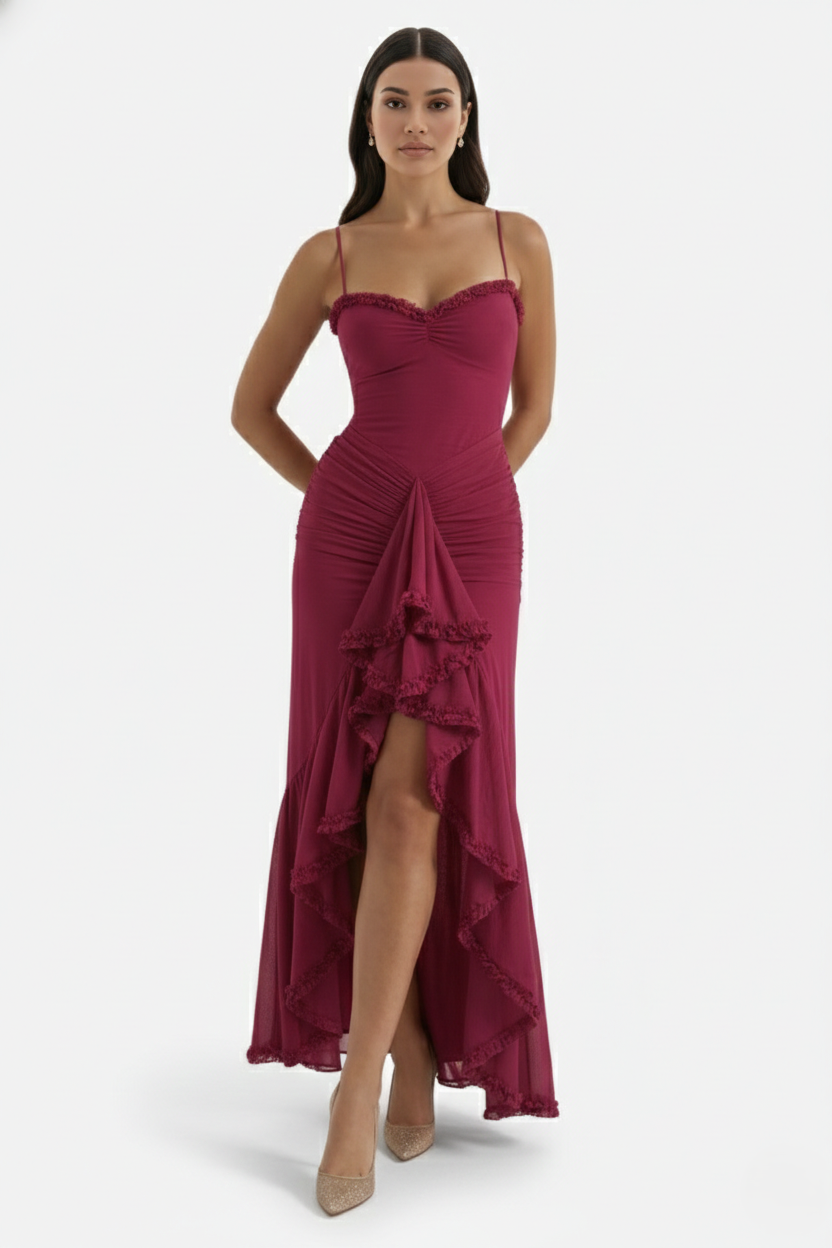 Evening Gown Ruched Mesh Ruffle Assymetrical Hem - Siopie