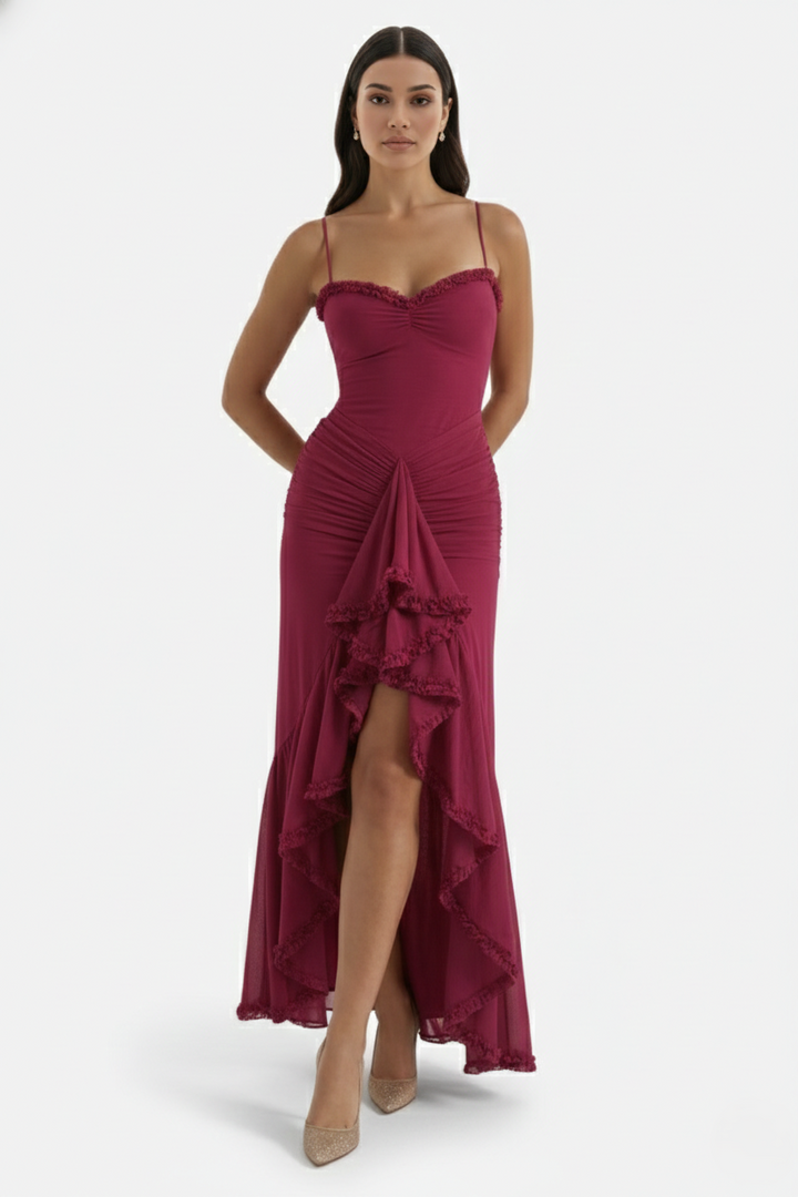 Evening Gown Ruched Mesh Ruffle Assymetrical Hem - Siopie
