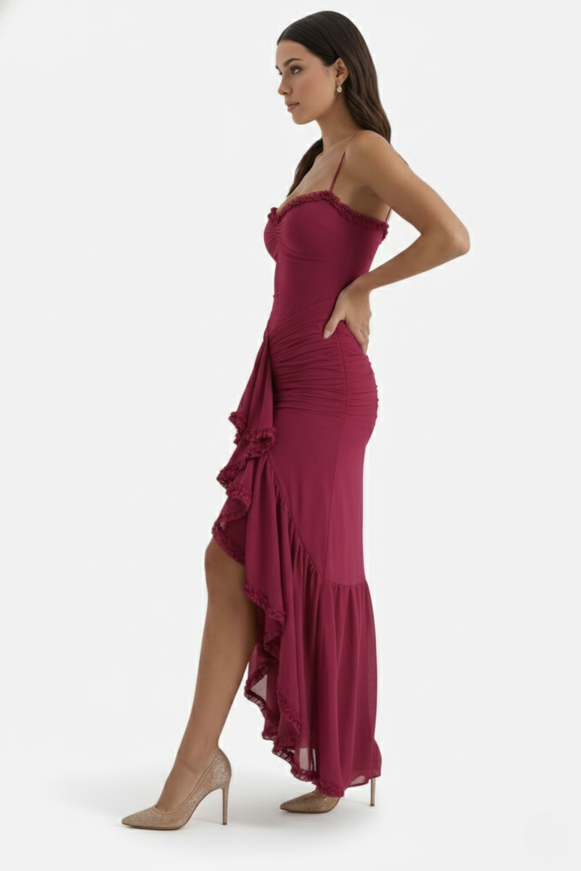Evening Gown Ruched Mesh Ruffle Assymetrical Hem - Siopie