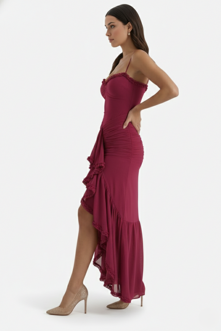 Evening Gown Ruched Mesh Ruffle Assymetrical Hem - Siopie