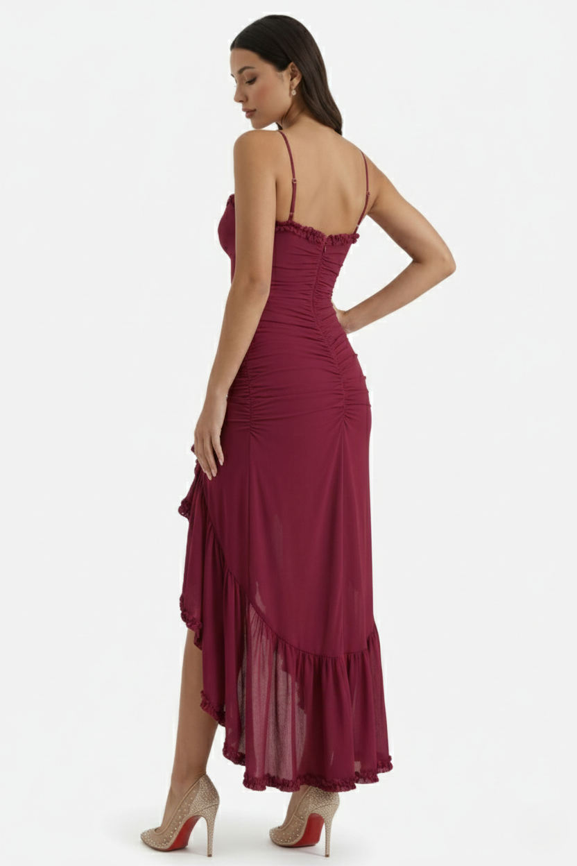 Evening Gown Ruched Mesh Ruffle Assymetrical Hem - Siopie