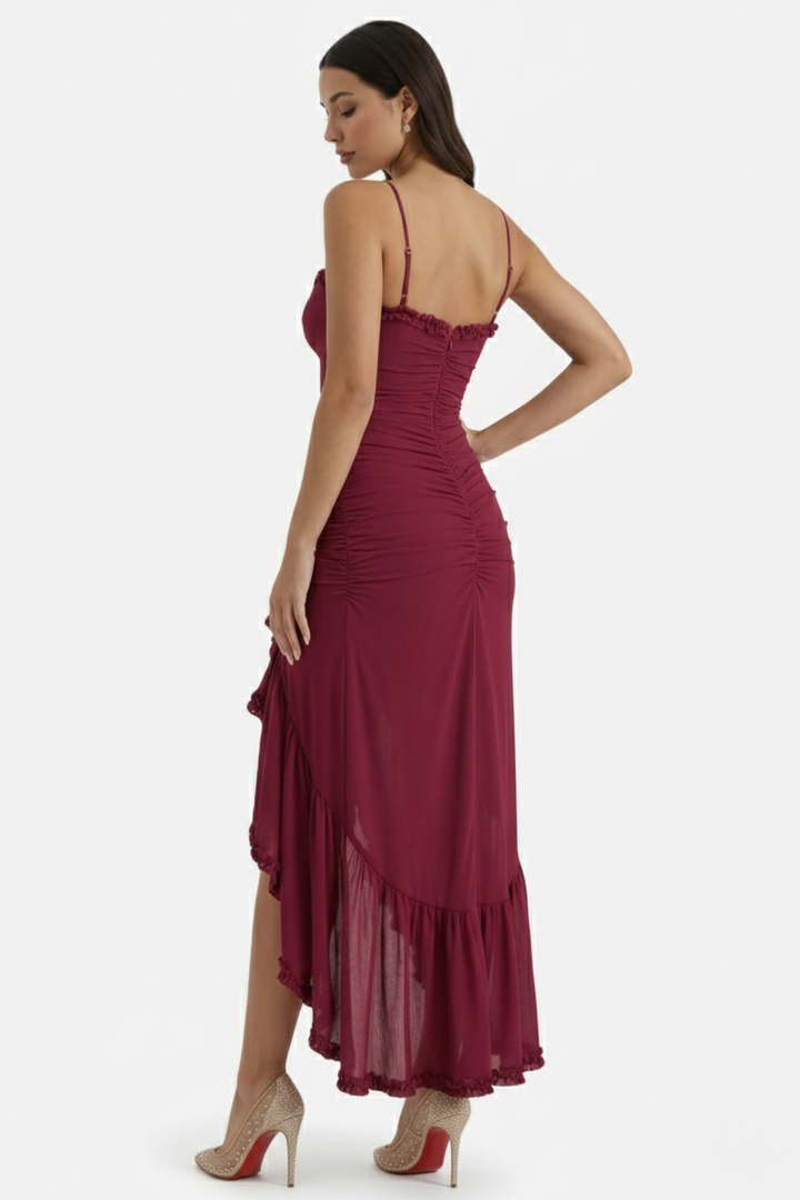 Evening Gown Ruched Mesh Ruffle Assymetrical Hem - Siopie
