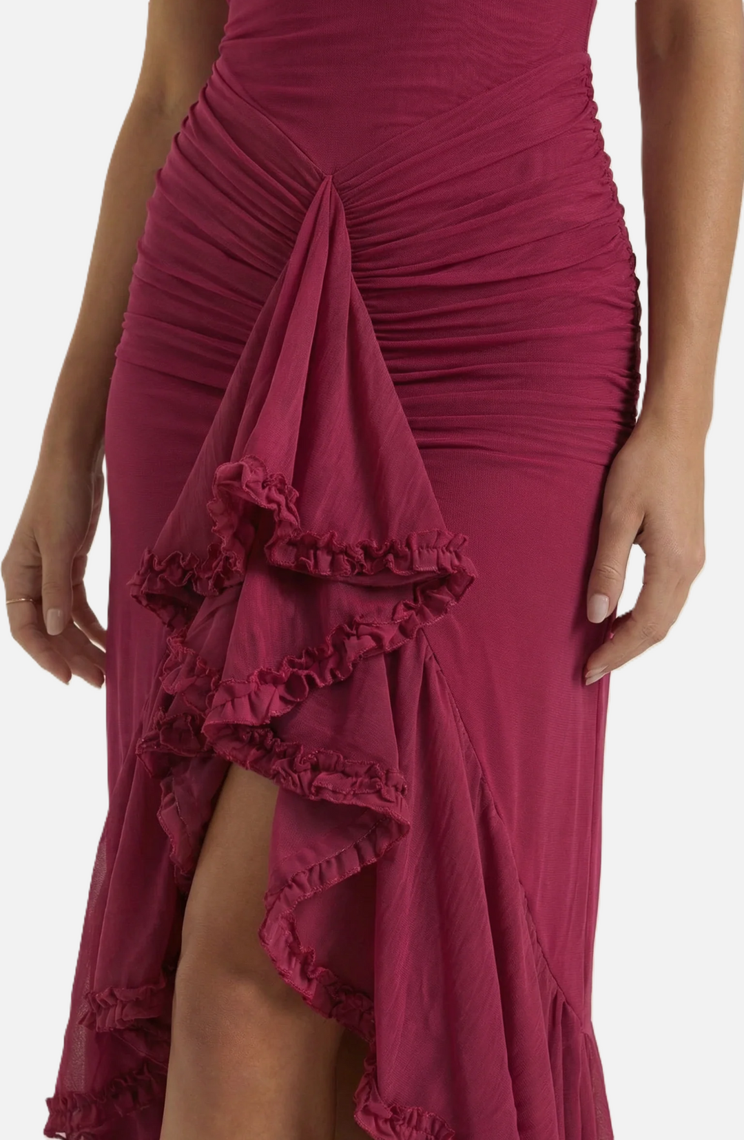 Evening Gown Ruched Mesh Ruffle Assymetrical Hem - Siopie