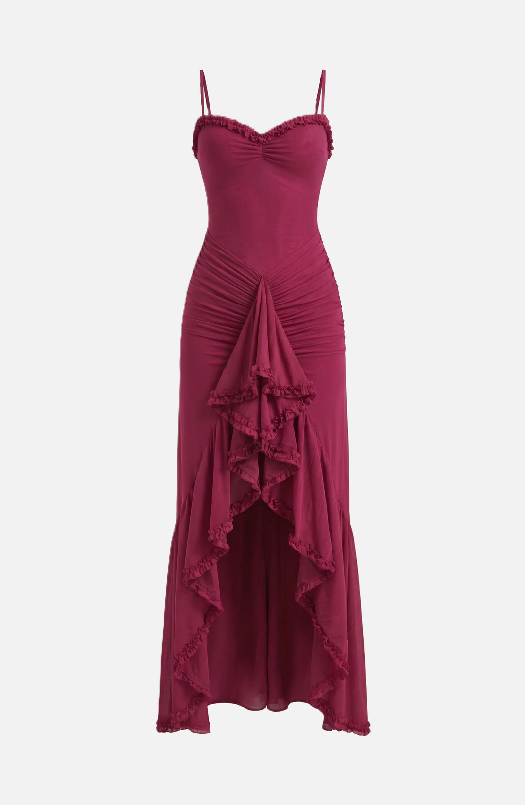 Evening Gown Ruched Mesh Ruffle Assymetrical Hem - Siopie