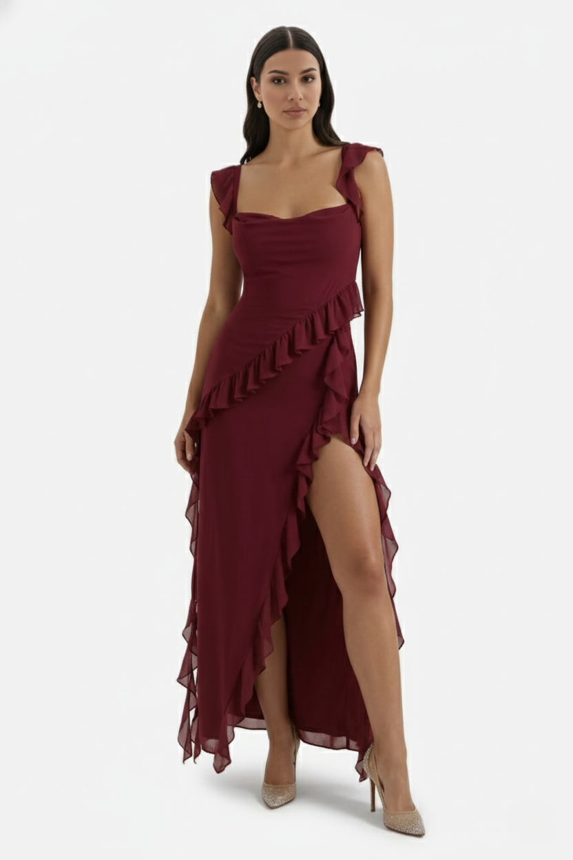 Sleeveless Ruffle Trim Maxi Dress with Front Slit - Siopie