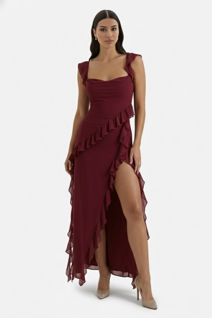 Sleeveless Ruffle Trim Maxi Dress with Front Slit - Siopie