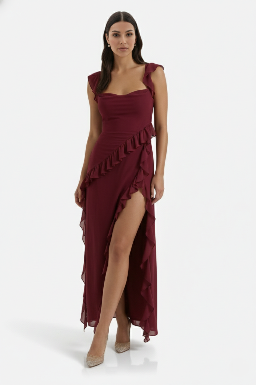 Sleeveless Ruffle Trim Maxi Dress with Front Slit - Siopie