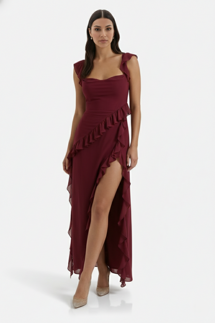 Sleeveless Ruffle Trim Maxi Dress with Front Slit - Siopie