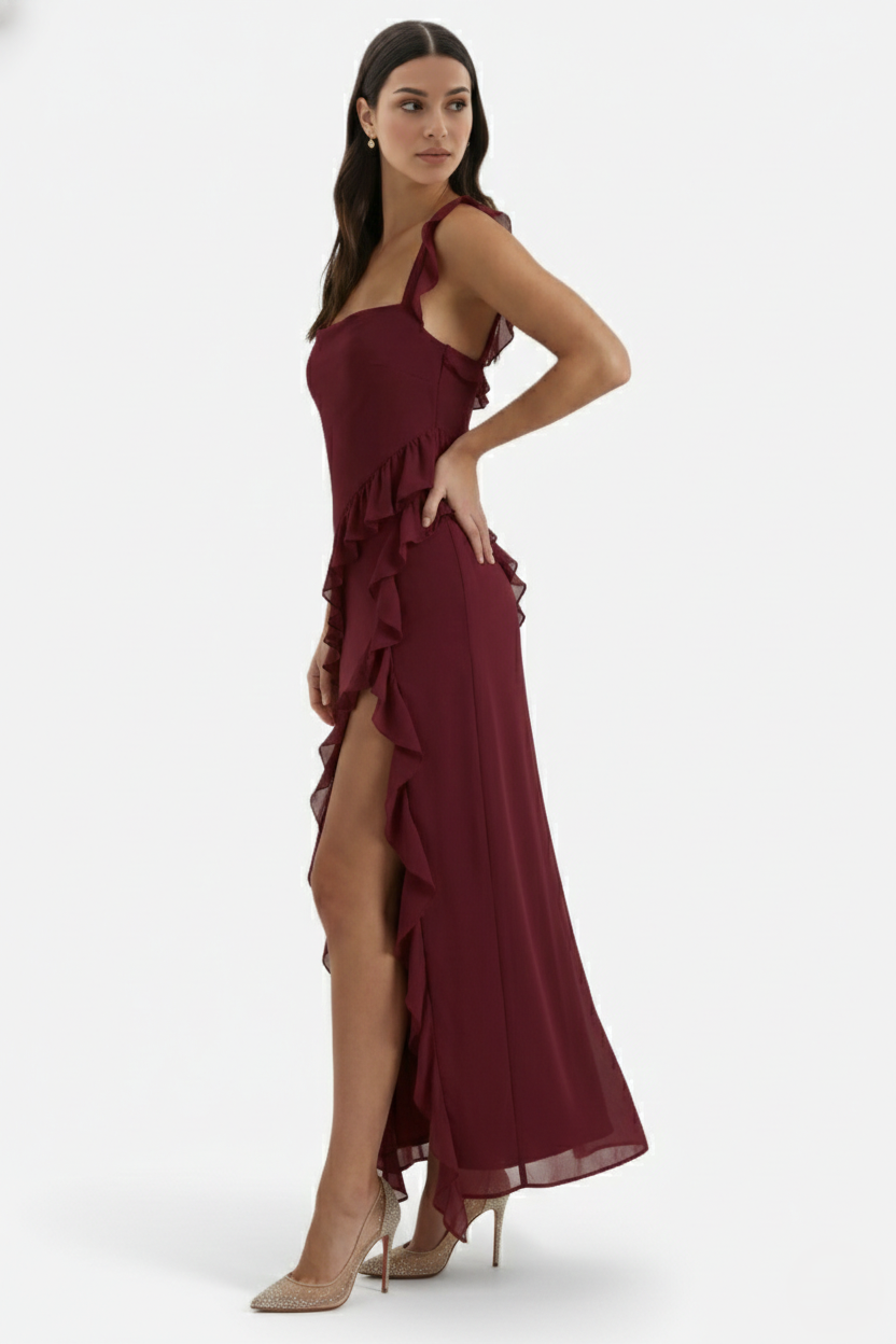 Sleeveless Ruffle Trim Maxi Dress with Front Slit - Siopie