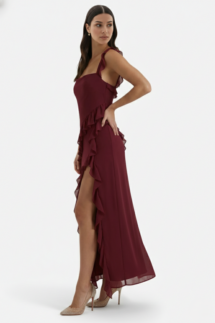 Sleeveless Ruffle Trim Maxi Dress with Front Slit - Siopie
