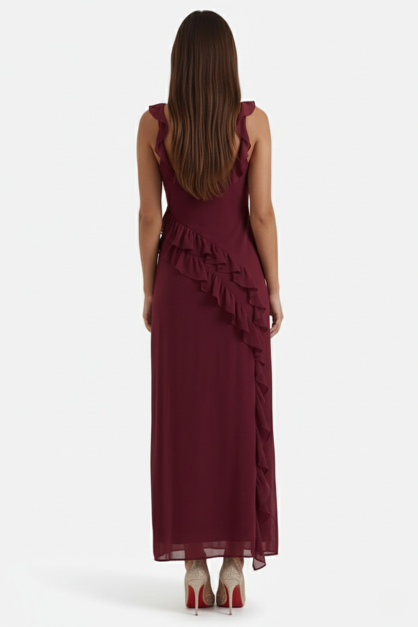 Sleeveless Ruffle Trim Maxi Dress with Front Slit - Siopie