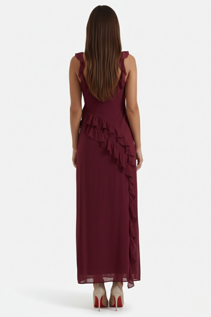 Sleeveless Ruffle Trim Maxi Dress with Front Slit - Siopie