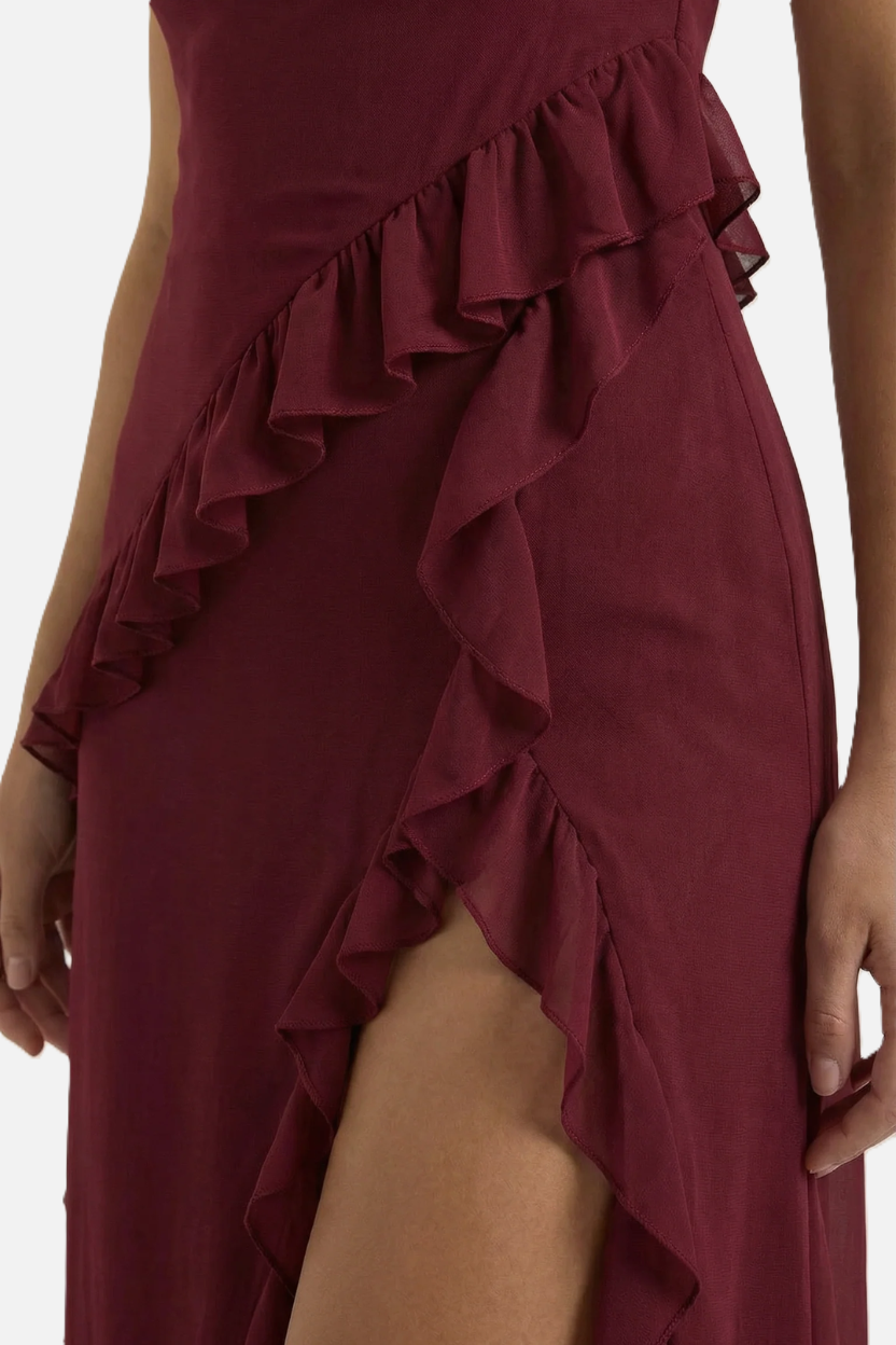 Sleeveless Ruffle Trim Maxi Dress with Front Slit - Siopie