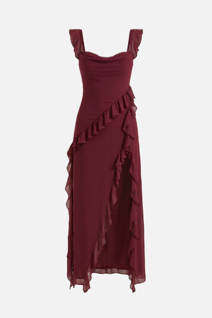 Sleeveless Ruffle Trim Maxi Dress with Front Slit - Siopie