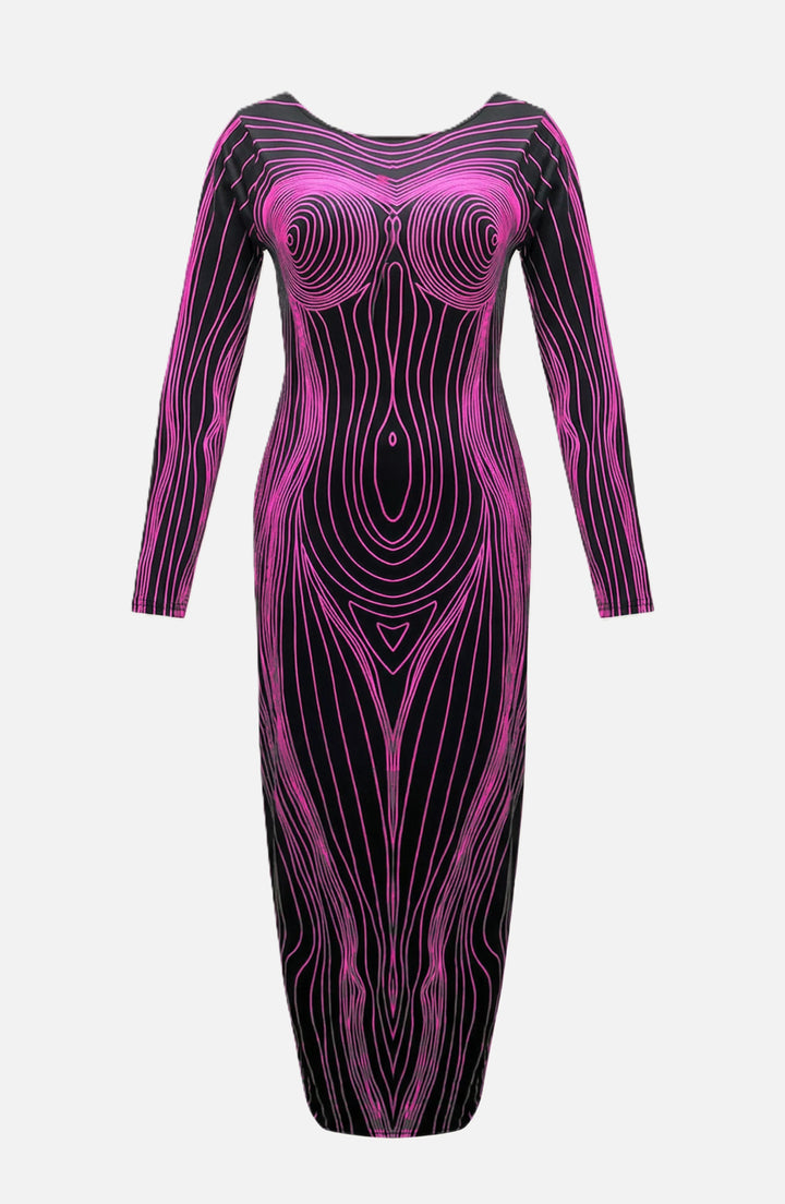 Bodycon Evening Dress with Body Optical Illusion Long Sleeve Maxi Length
