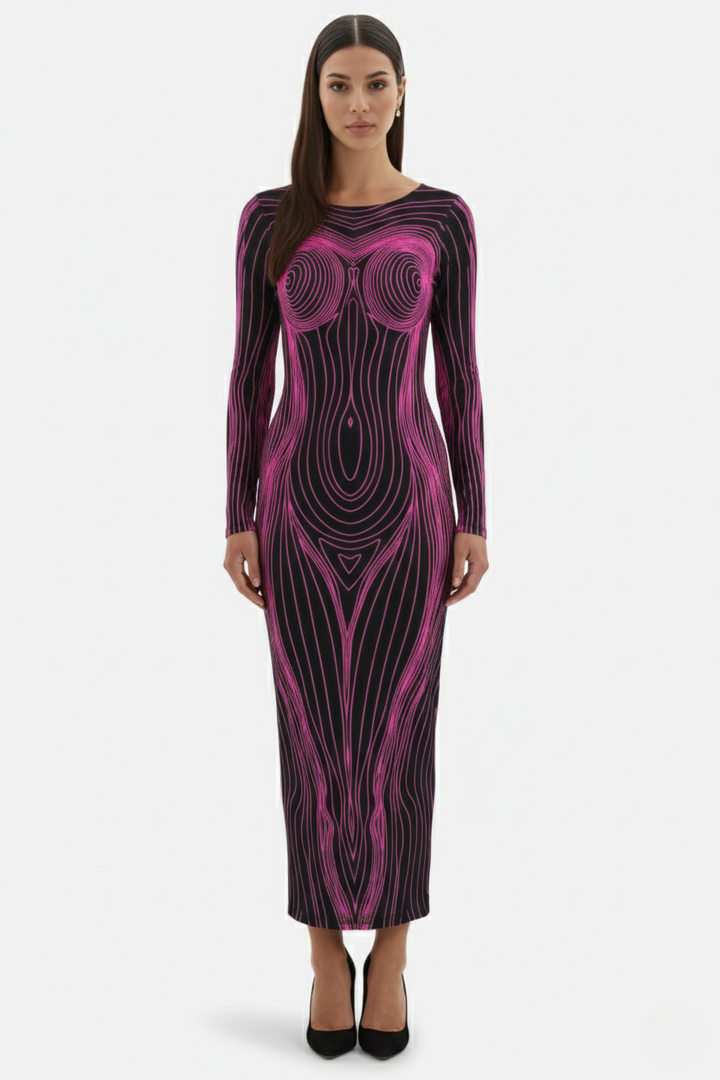 Bodycon Evening Dress with Body Optical Illusion Long Sleeve Maxi Length