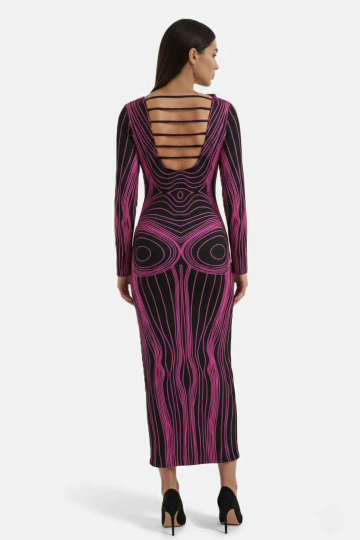 Bodycon Evening Dress with Body Optical Illusion Long Sleeve Maxi Length