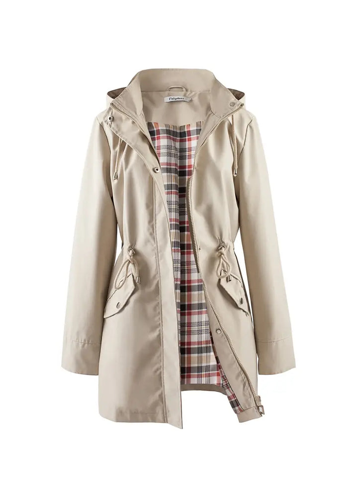 Sorvienne Drawstring Waist Hooded Raincoat in Beige