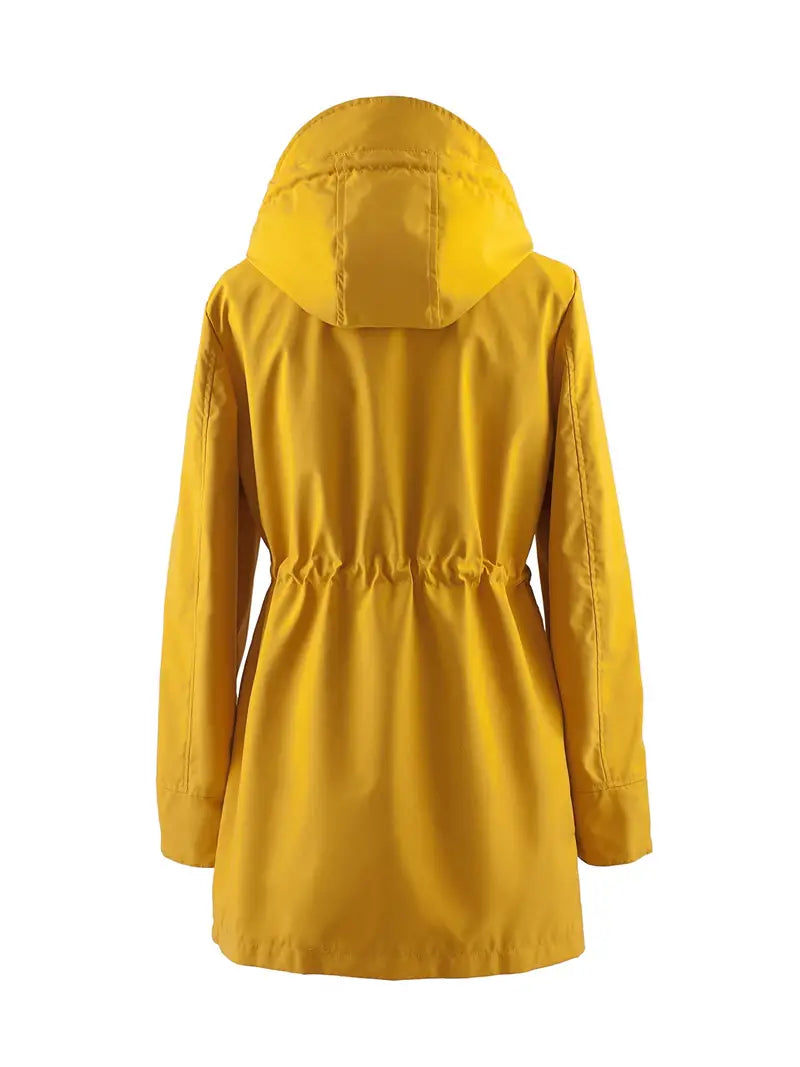 Sorvienne Drawstring Waist Hooded Raincoat in Mustard