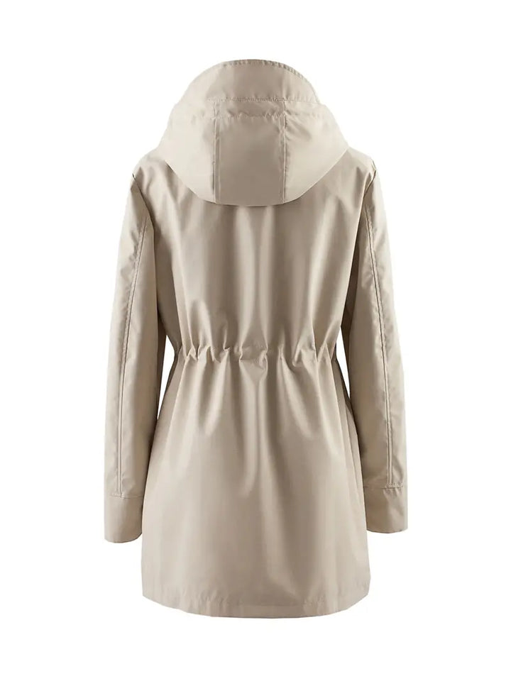 Sorvienne Drawstring Waist Hooded Raincoat in Beige