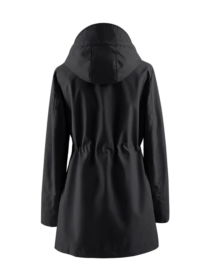 Sorvienne Drawstring Waist Hooded Raincoat in Black