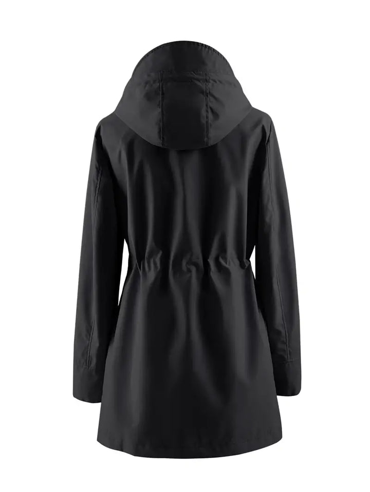 Sorvienne Drawstring Waist Hooded Raincoat in Black