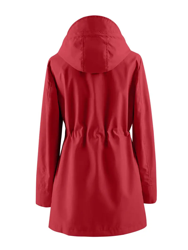 Sorvienne Drawstring Waist Hooded Raincoat in Red