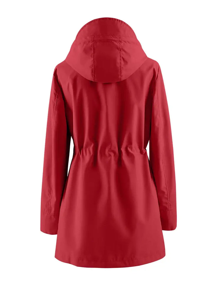 Sorvienne Drawstring Waist Hooded Raincoat in Red