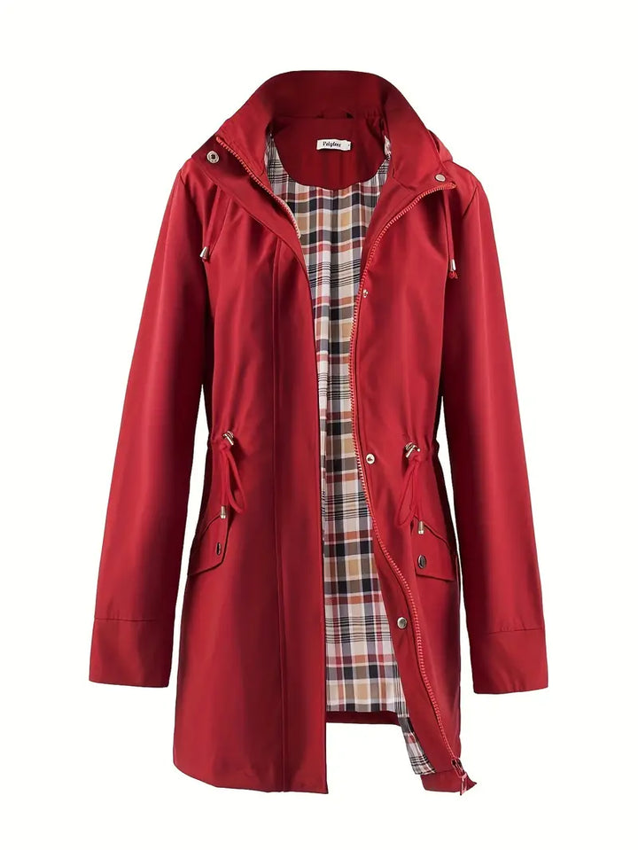 Sorvienne Drawstring Waist Hooded Raincoat in Red