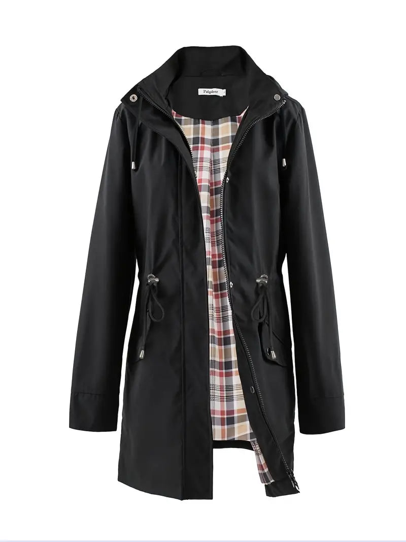 Sorvienne Drawstring Waist Hooded Raincoat in Black