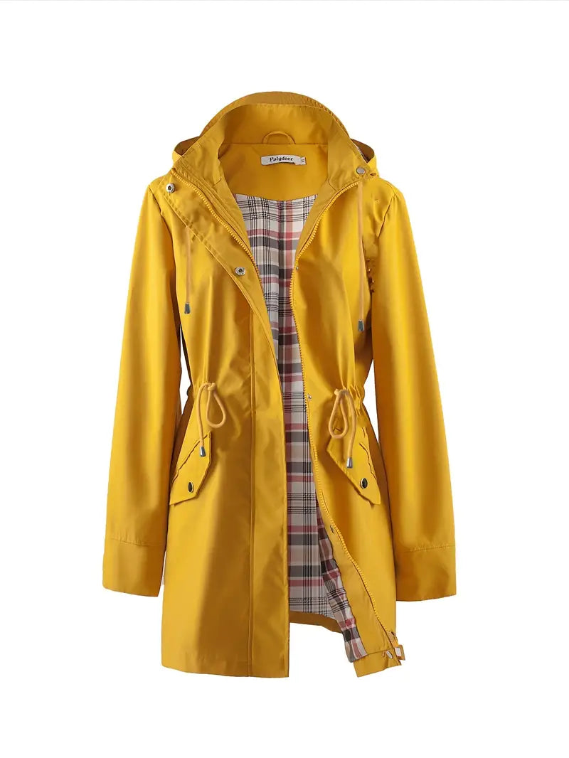 Sorvienne Drawstring Waist Hooded Raincoat in Mustard