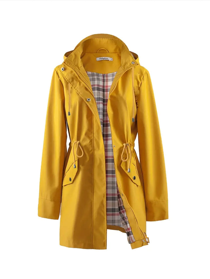 Sorvienne Drawstring Waist Hooded Raincoat in Mustard