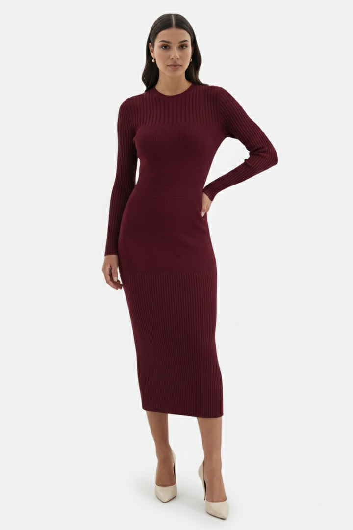 Bodycon Sweater Midi Dress Ribbed Knit Long Sleeve Crew Neck - Siopie