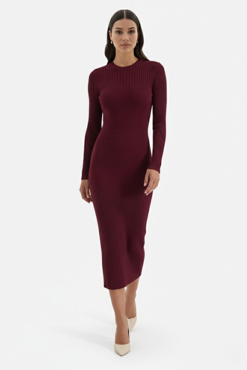 Bodycon Sweater Midi Dress Ribbed Knit Long Sleeve Crew Neck - Siopie