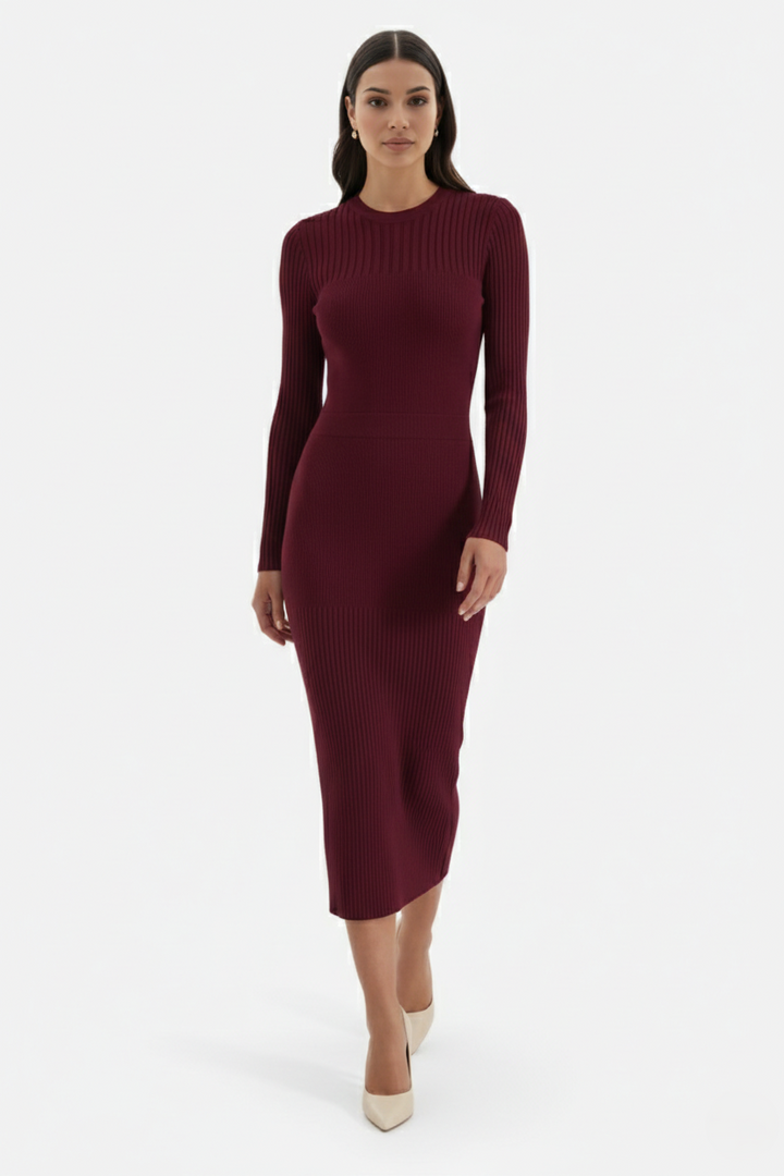 Bodycon Sweater Midi Dress Ribbed Knit Long Sleeve Crew Neck - Siopie