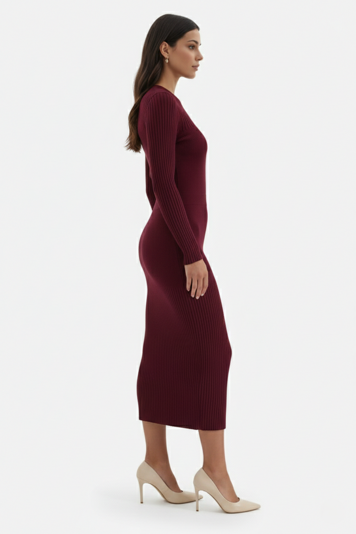 Bodycon Sweater Midi Dress Ribbed Knit Long Sleeve Crew Neck - Siopie