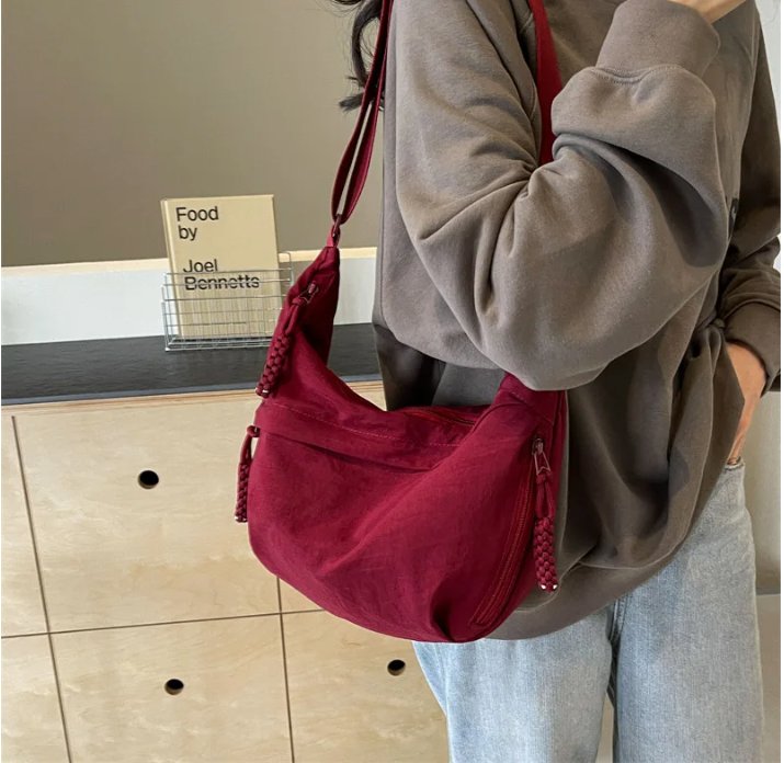 Sorvienne Oversized Slouchy Crescent Crossbody Bag in Burgundy