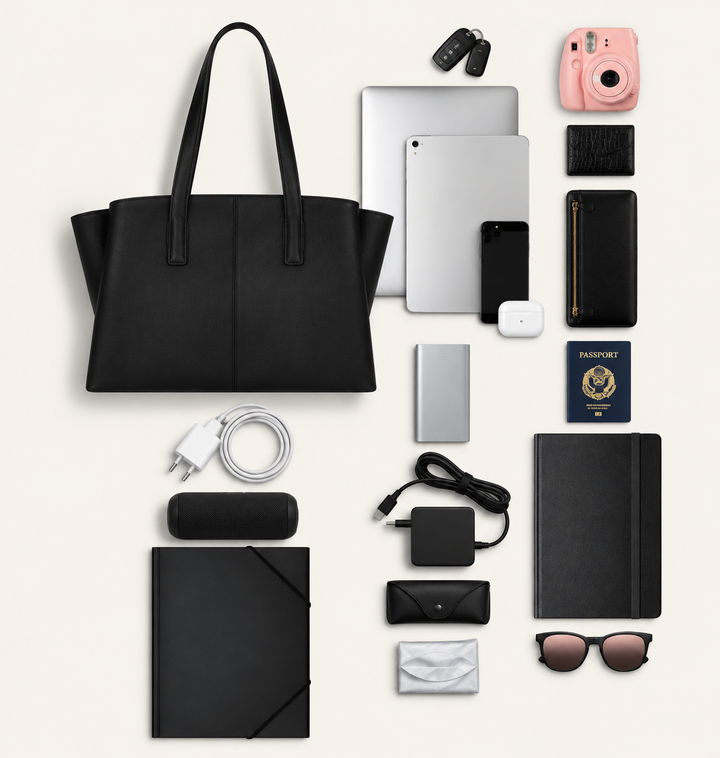 Sorvienne Structured Three Compartment Laptop Tote Bag in Black