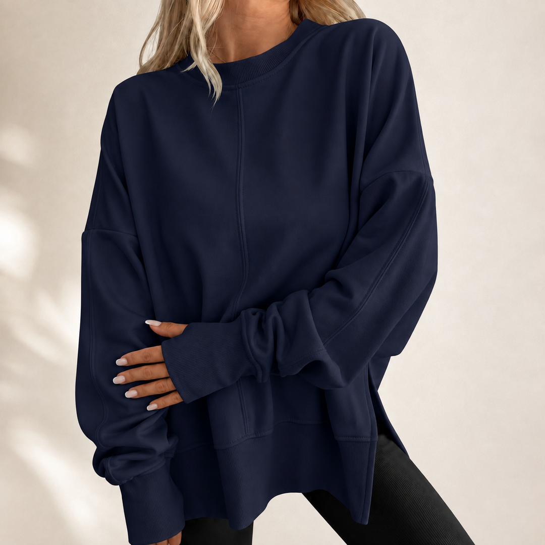 Sorvienne Oversized Sweatshirt with Side Splits in Navy