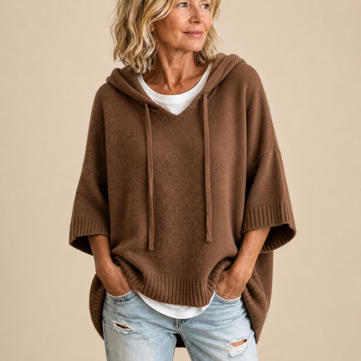 Sorvienne Oversized Hooded Knitted Poncho in Brown