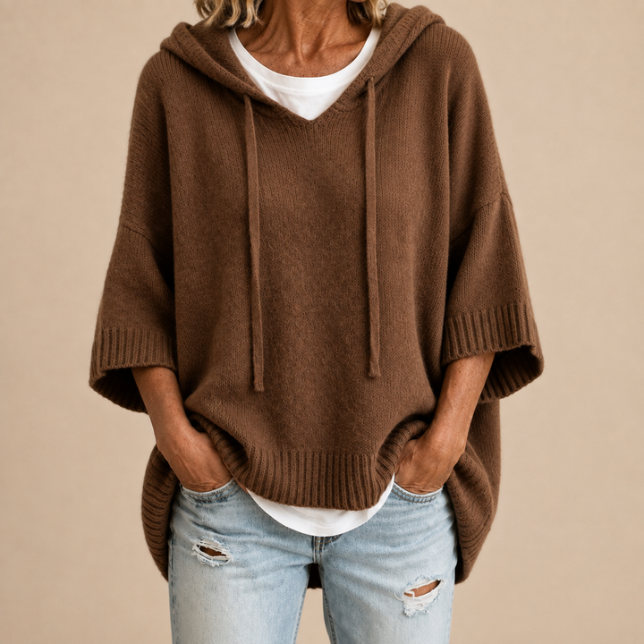 Sorvienne Oversized Hooded Knitted Poncho in Brown